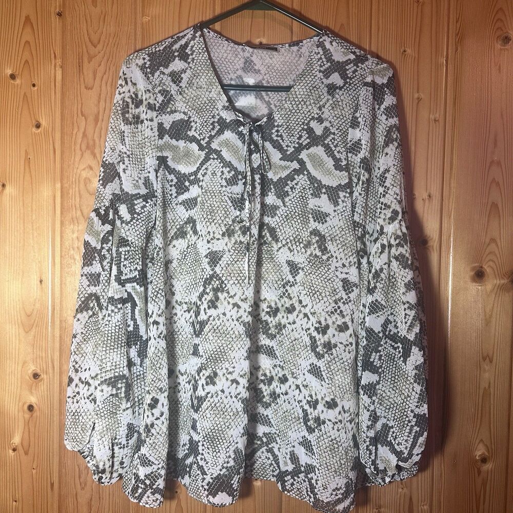 Zoi Snakeskin Print Tie-Neck Long Balloon Sleeve Blouse Small NWT